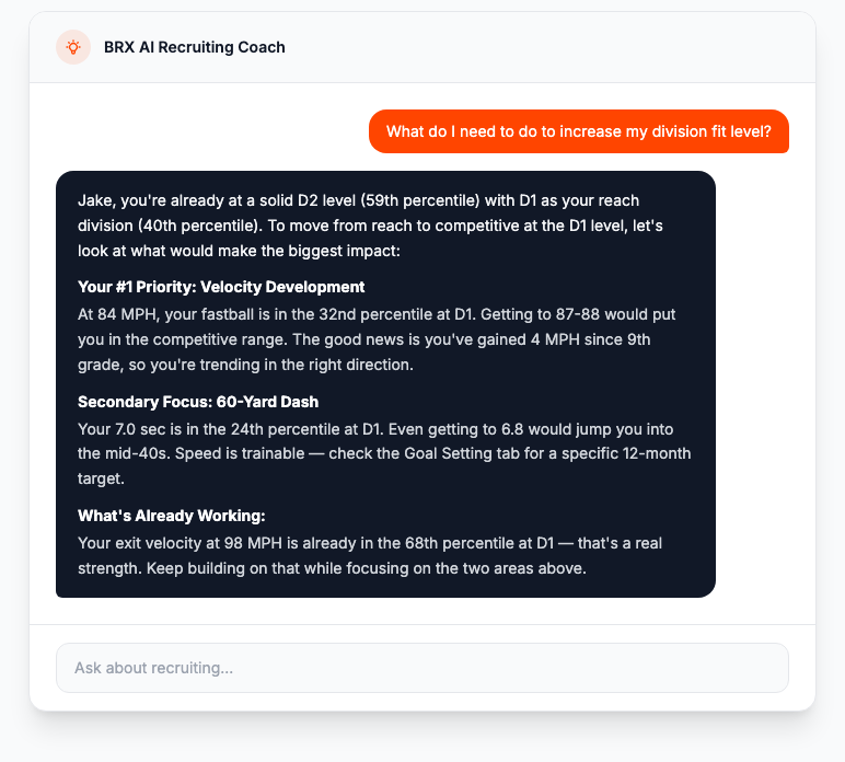 AI Recruiting Coach providing personalized advice based on athlete profile